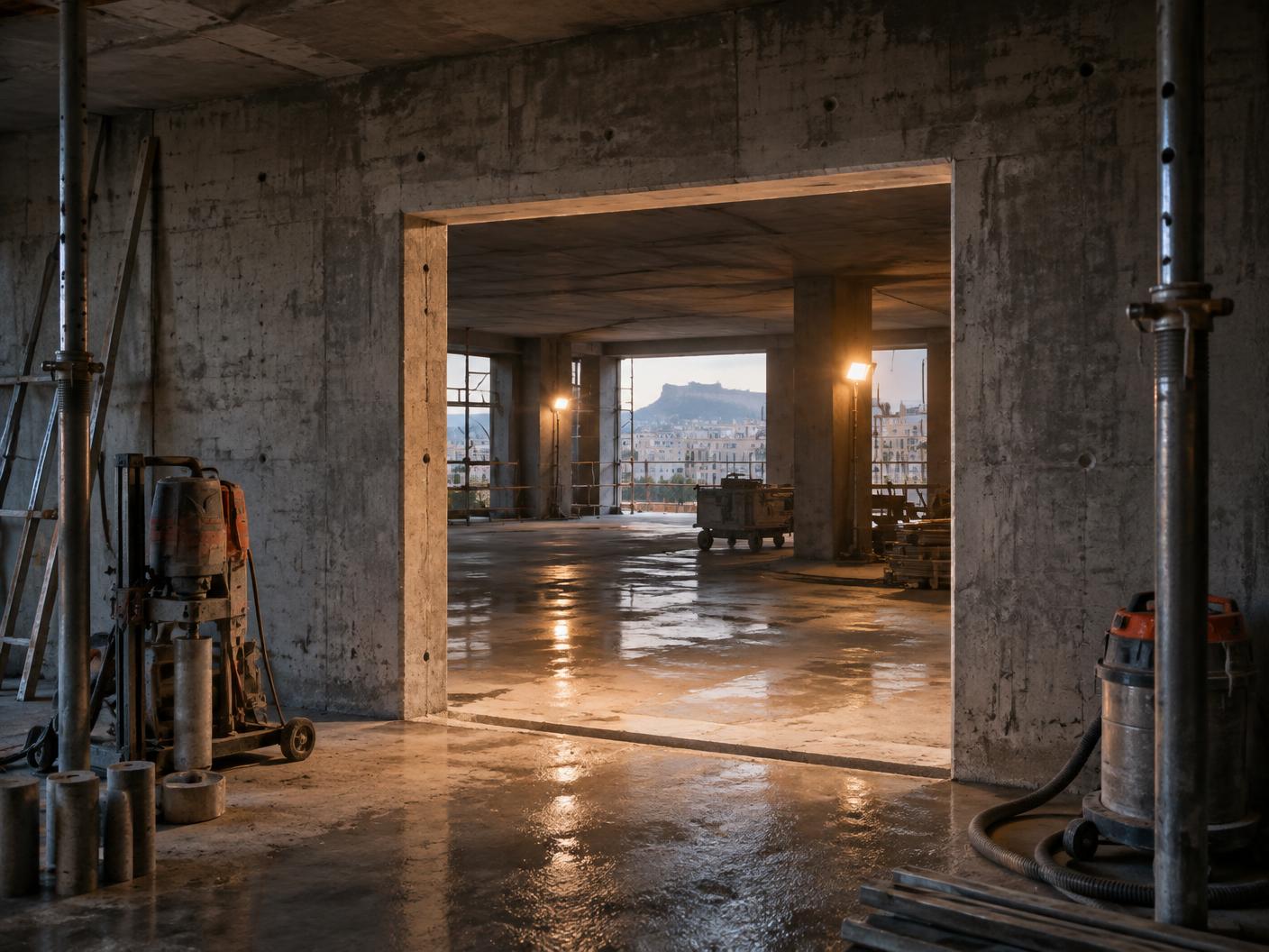 Finished clean diamond-cut concrete wall opening